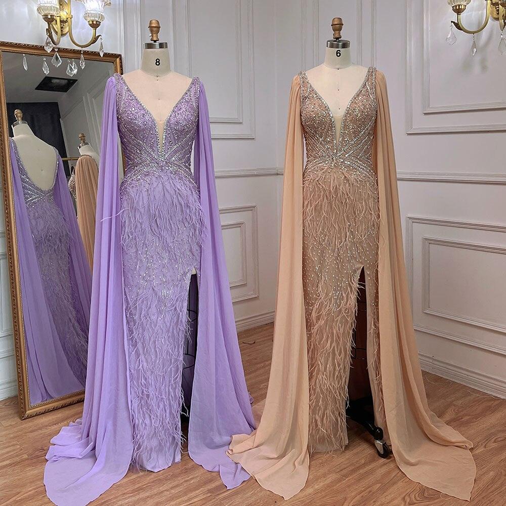 Serene Hill Blue Mermaid Elegant Cape Sleeves Luxury Beaded Feather Evening Dresses Gowns 2024 For Women Party LA71583A