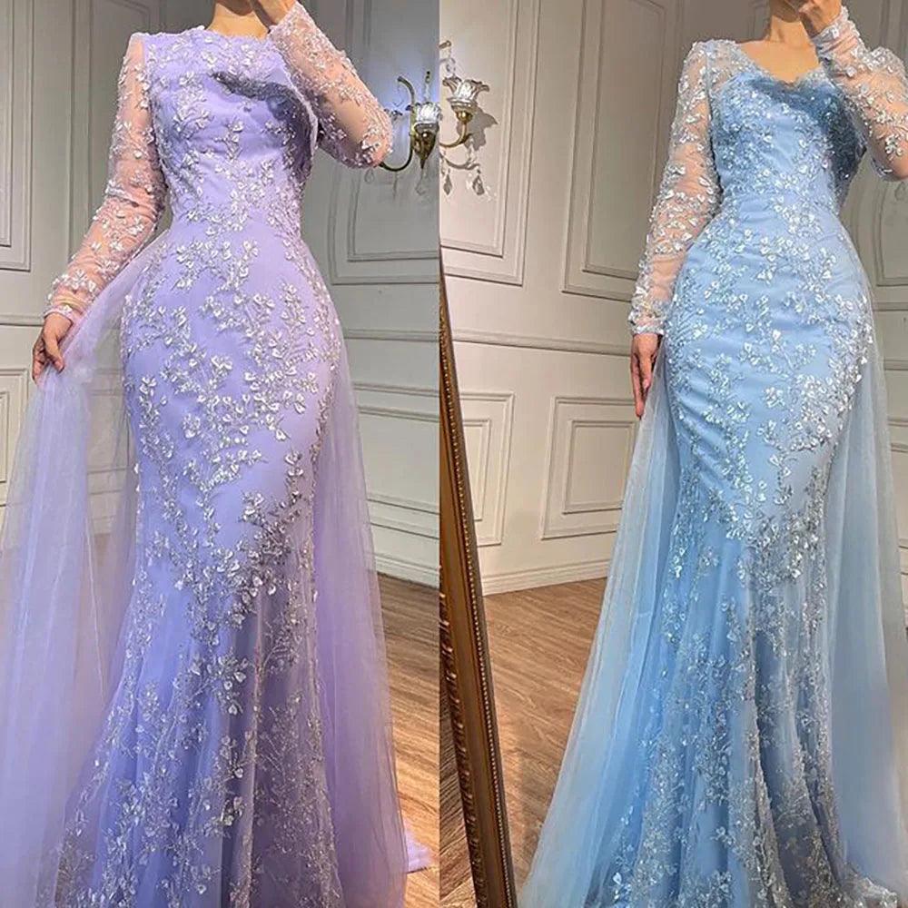 Serene Hill Blue Mermaid Elegant With Train Beaded Luxury Arabic Evening Dresses Gowns For Women Wedding Party 2024 LA71851