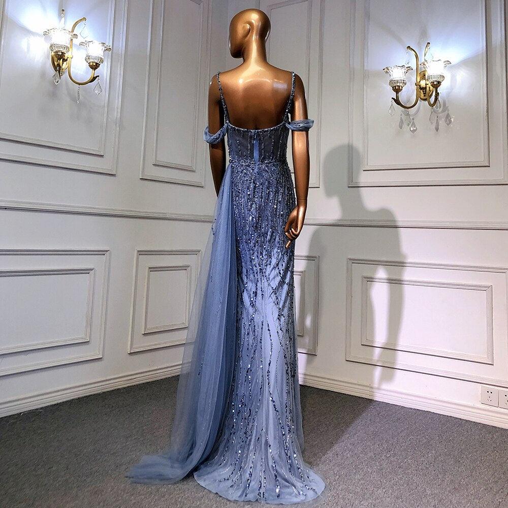 Serene Hill Blue Mermaid Sexy Spaghetti Straps High Split Evening Dresses Gowns Luxury Beaded 2024 For Women Party LA71571