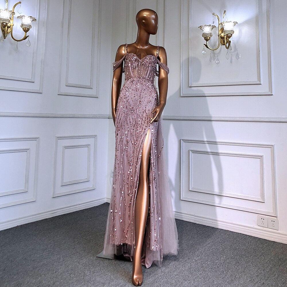 Serene Hill Blue Mermaid Sexy Spaghetti Straps High Split Evening Dresses Gowns Luxury Beaded 2024 For Women Party LA71571