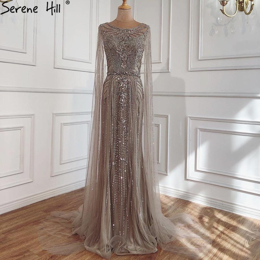 Serene Hill Brown Mermaid Elegant 2024 With Cape Sleeves Beaded Luxury Evening Dresses Gowns For Women Party LA70638