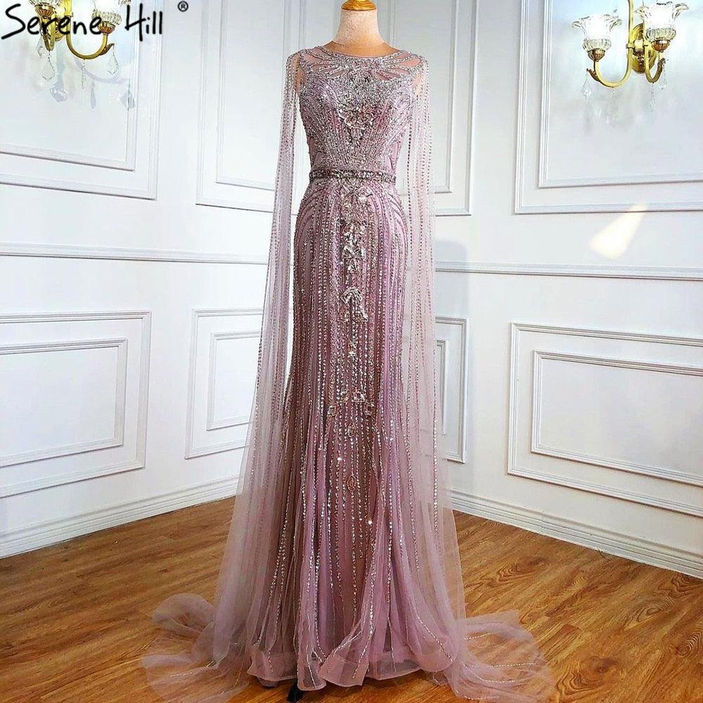 Serene Hill Brown Mermaid Elegant 2024 With Cape Sleeves Beaded Luxury Evening Dresses Gowns For Women Party LA70638