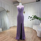 Serene Hill Caramel Cape Sleeves Mermaid High Split Beaded Evening Dresses Long Celebrity Gowns For Woman Party LA72233