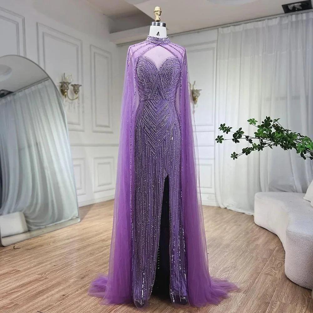 Serene Hill Caramel Cape Sleeves Mermaid High Split Beaded Evening Dresses Long Celebrity Gowns For Woman Party LA72233