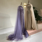 Serene Hill Caramel Cape Sleeves Mermaid High Split Beaded Evening Dresses Long Celebrity Gowns For Woman Party LA72233