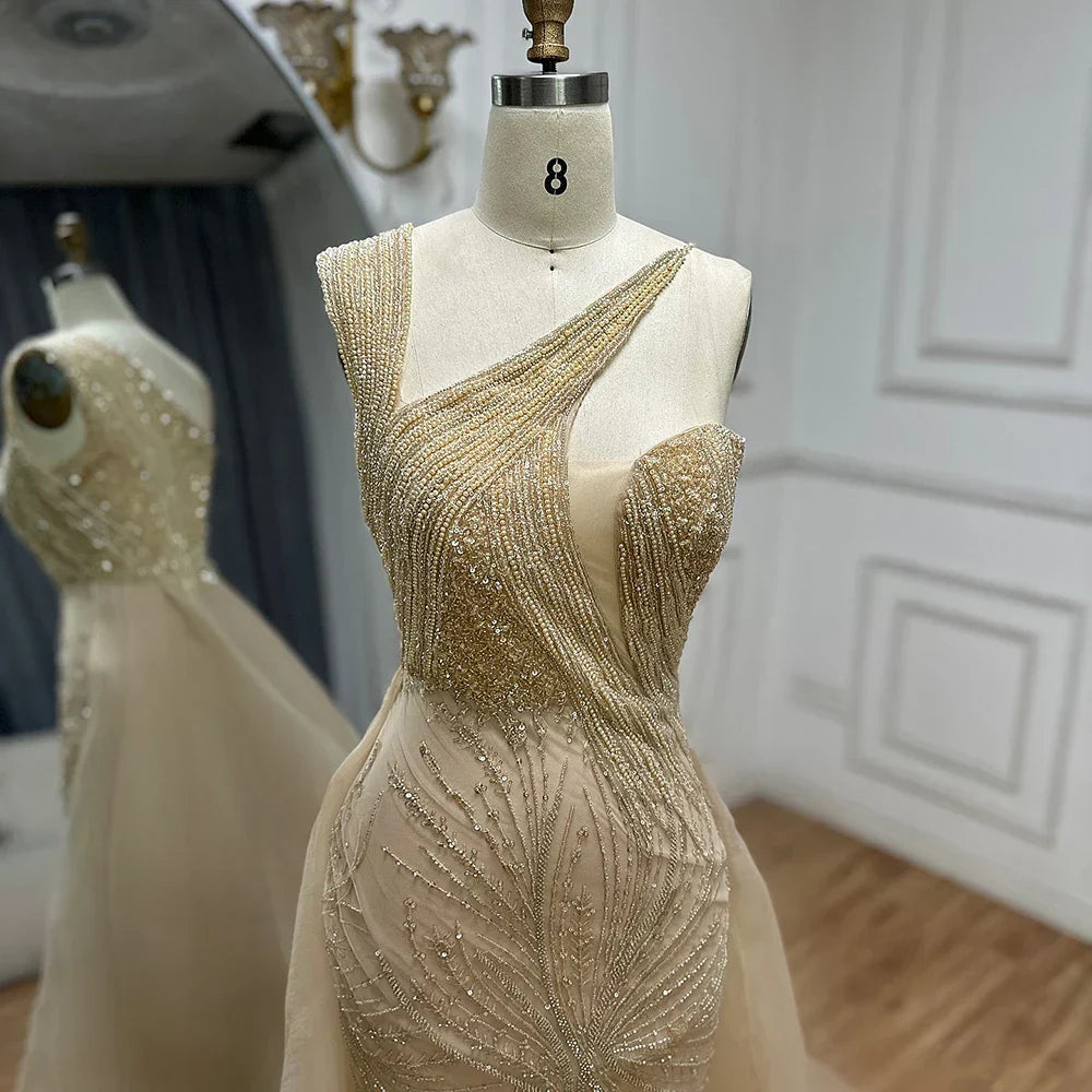 Luxury Dubai &nbsp; Nude Mermaid Green Evening Gown with Elegant One Shoulder Overskirt for Formal Occasion&nbsp;