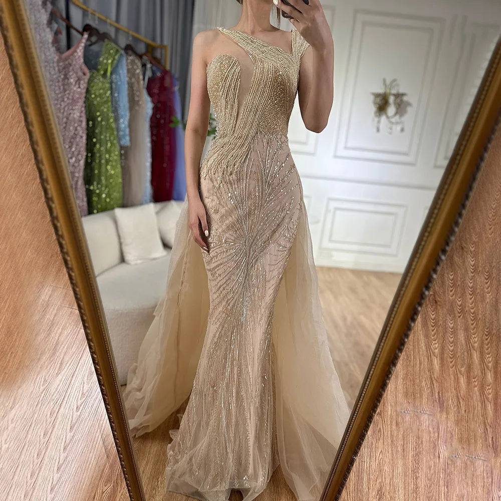 Luxury Dubai &nbsp; Nude Mermaid Green Evening Gown with Elegant One Shoulder Overskirt for Formal Occasion&nbsp;