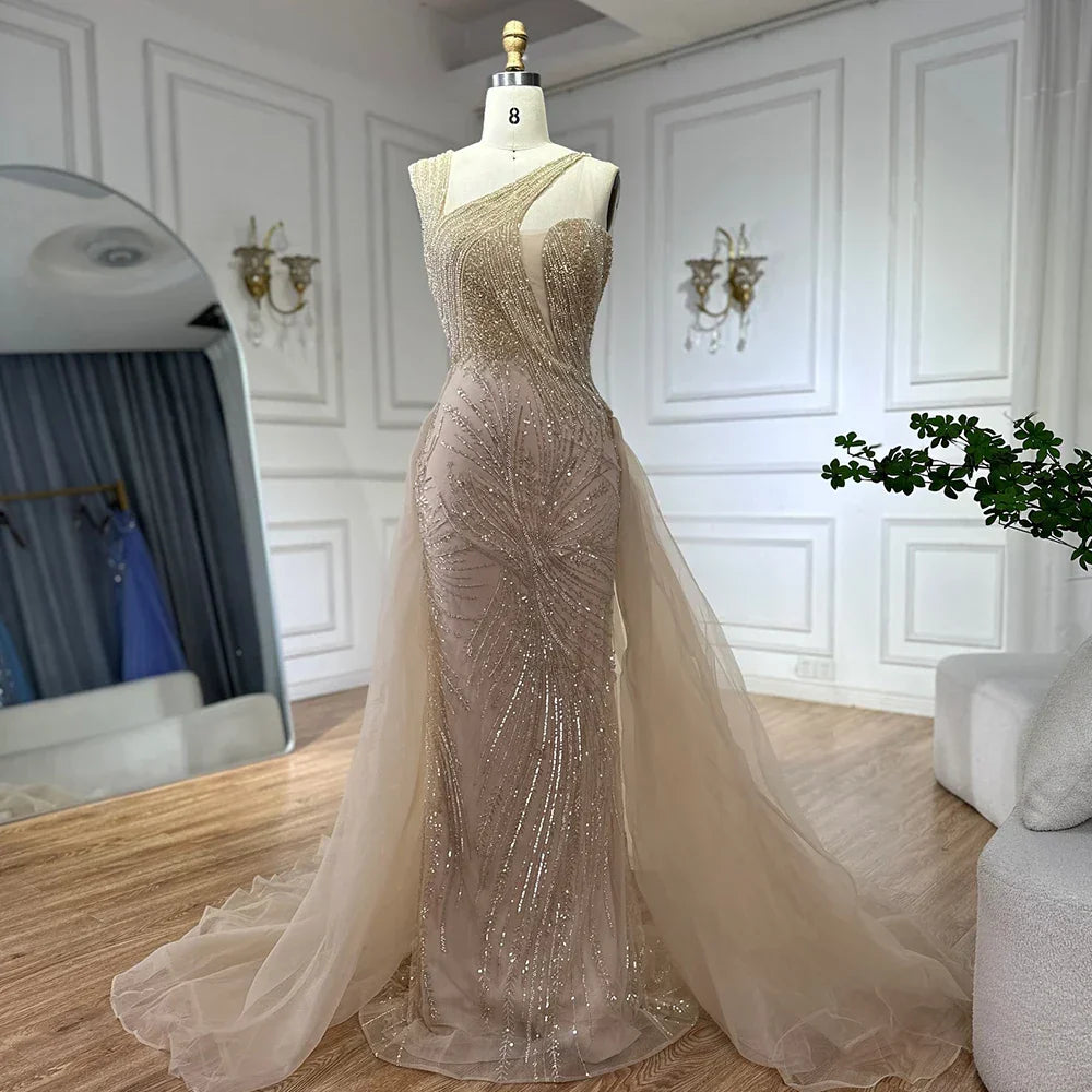 Luxury Dubai &nbsp; Nude Mermaid Green Evening Gown with Elegant One Shoulder Overskirt for Formal Occasion&nbsp;