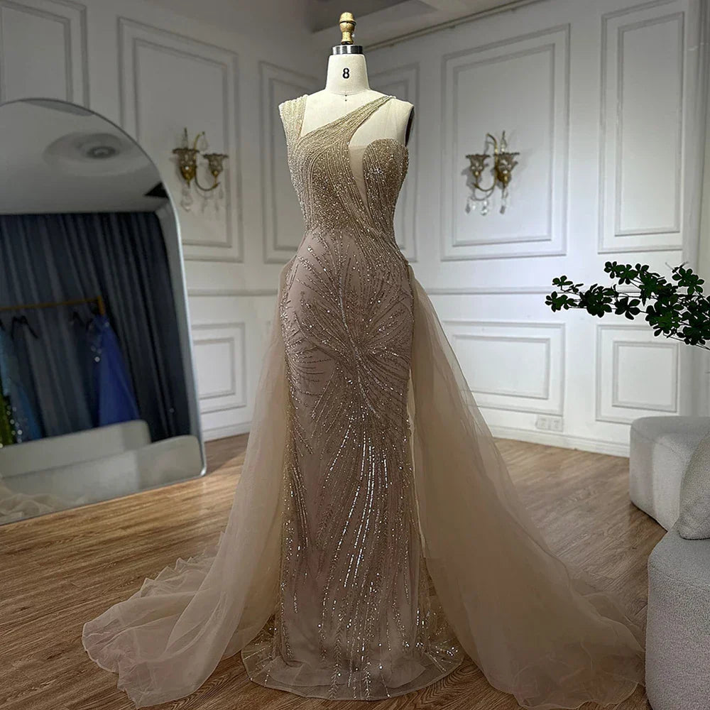 Luxury Dubai &nbsp; Nude Mermaid Green Evening Gown with Elegant One Shoulder Overskirt for Formal Occasion&nbsp;