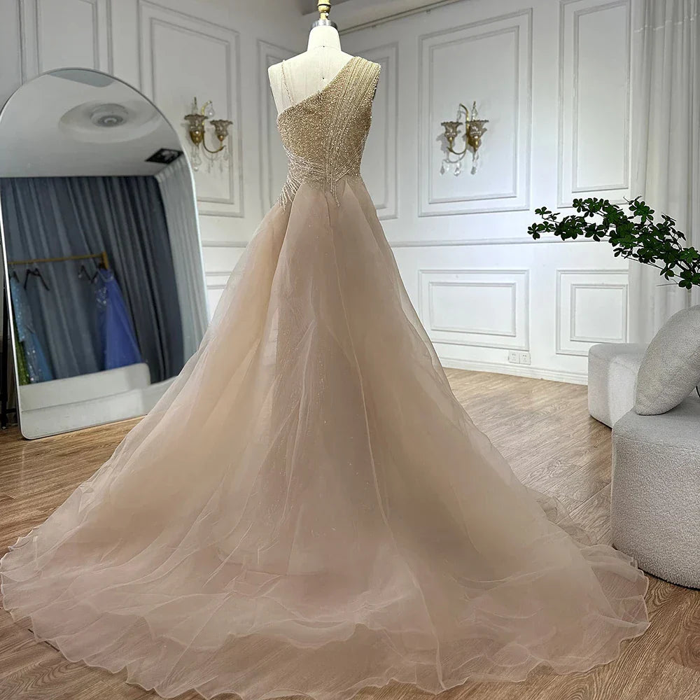 Luxury Dubai &nbsp; Nude Mermaid Green Evening Gown with Elegant One Shoulder Overskirt for Formal Occasion&nbsp;