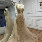 Luxury Dubai &nbsp; Nude Mermaid Green Evening Gown with Elegant One Shoulder Overskirt for Formal Occasion&nbsp;
