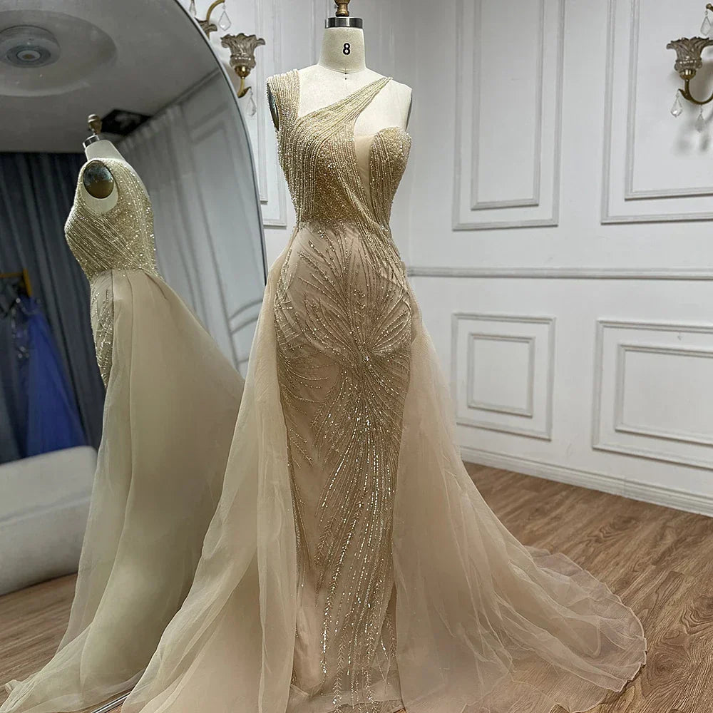 Luxury Dubai &nbsp; Nude Mermaid Green Evening Gown with Elegant One Shoulder Overskirt for Formal Occasion&nbsp;