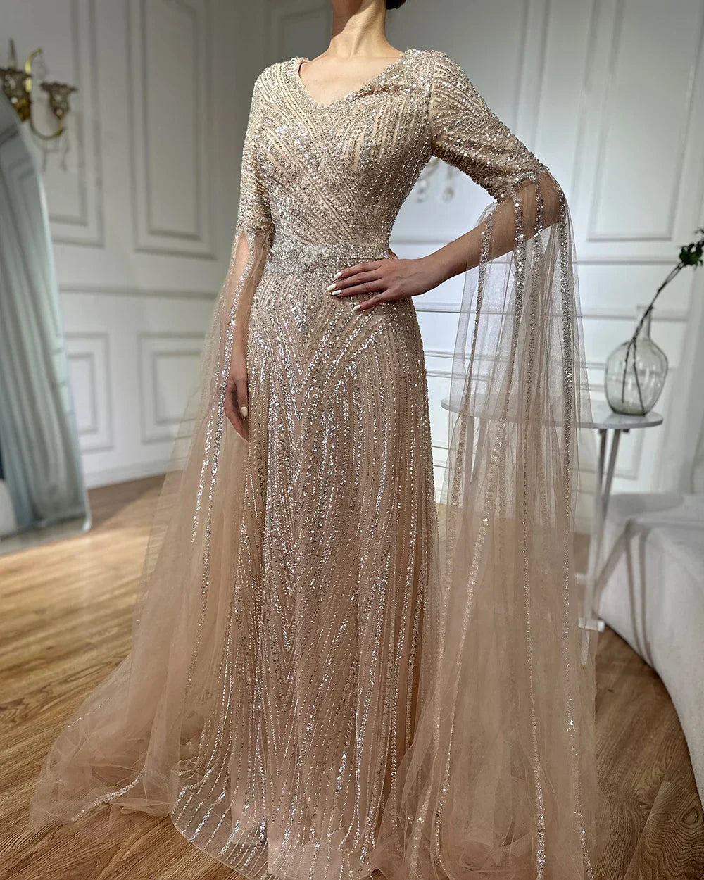 Luxury Dubai Caramel A-Line Beaded Evening Dress with Cape Sleeves