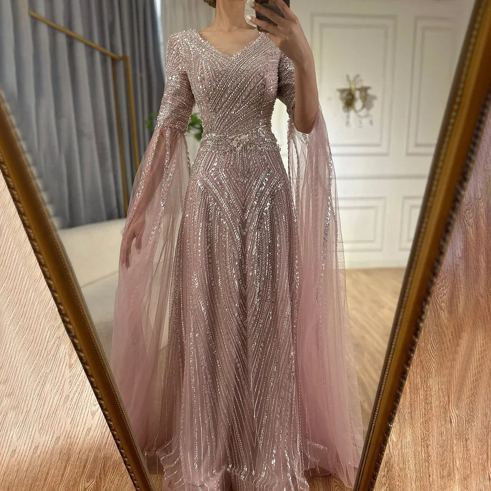 Luxury Dubai Caramel A-Line Beaded Evening Dress with Cape Sleeves