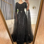 Luxury Dubai Caramel A-Line Beaded Evening Dress with Cape Sleeves