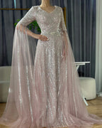 Luxury Dubai Caramel A-Line Beaded Evening Dress with Cape Sleeves