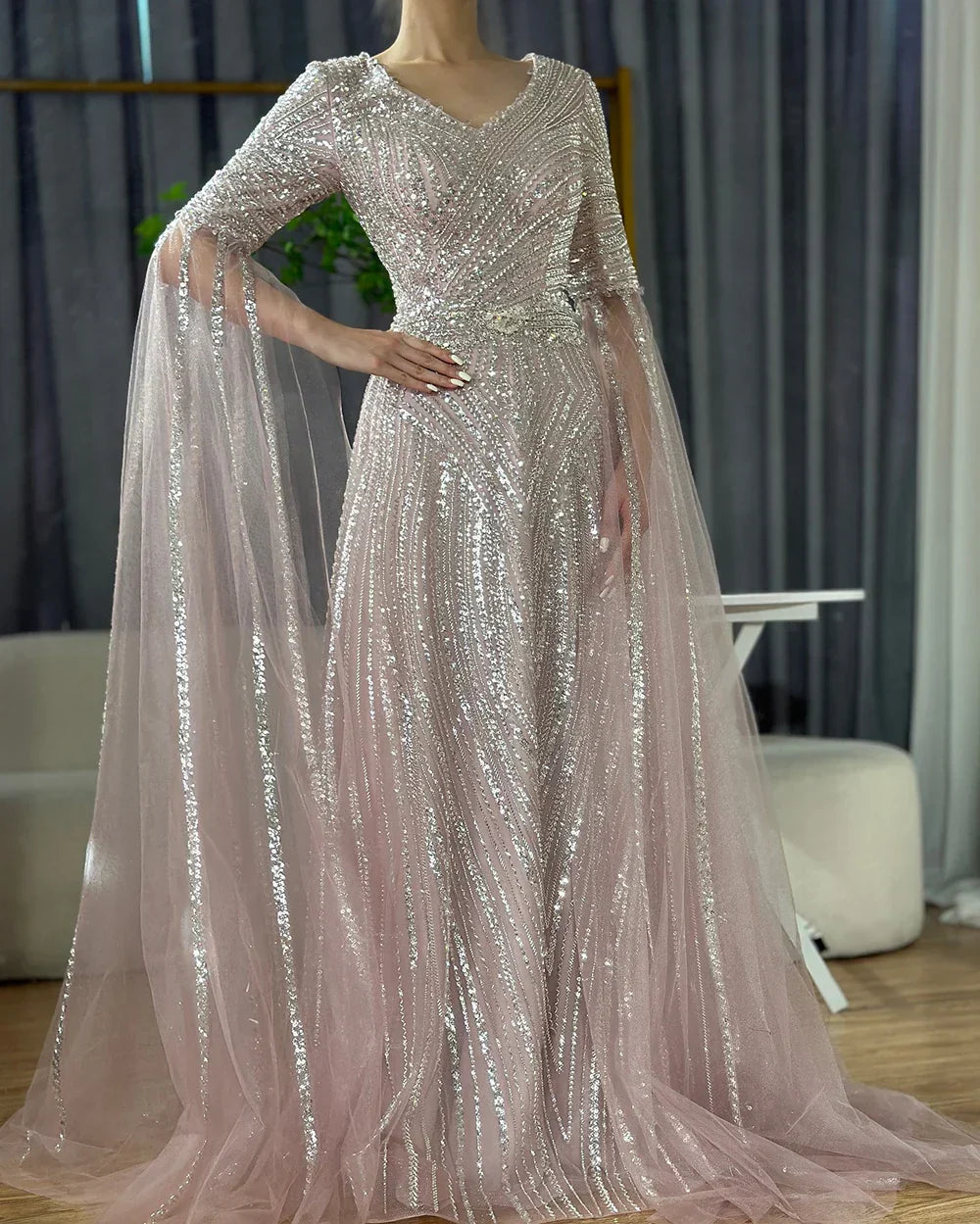 Luxury Dubai Caramel A-Line Beaded Evening Dress with Cape Sleeves