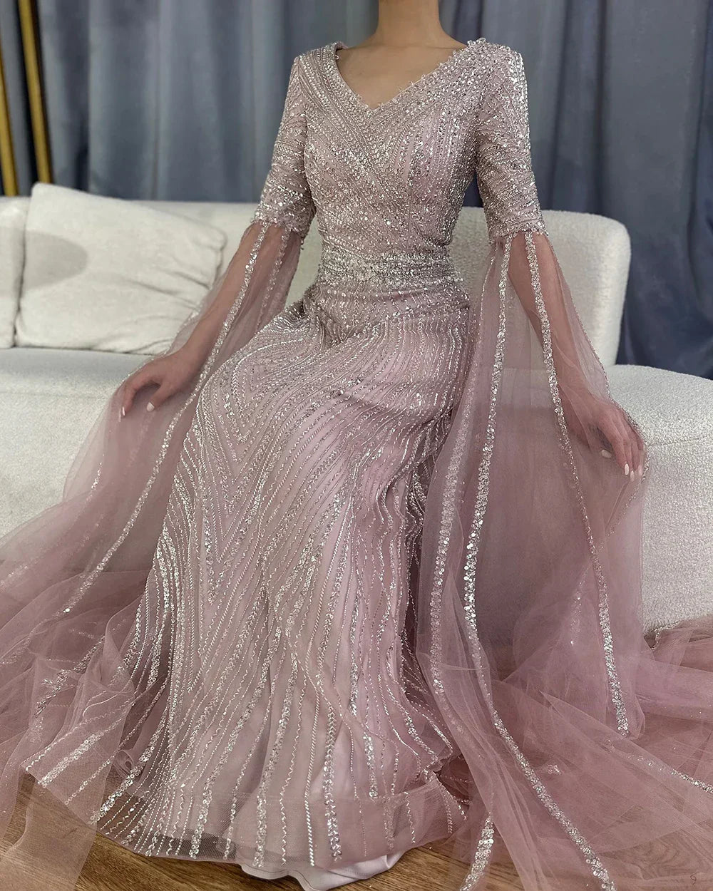 Luxury Dubai Caramel A-Line Beaded Evening Dress with Cape Sleeves