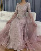 Luxury Dubai Caramel A-Line Beaded Evening Dress with Cape Sleeves