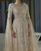 Luxury Dubai Caramel A-Line Beaded Evening Dress with Cape Sleeves