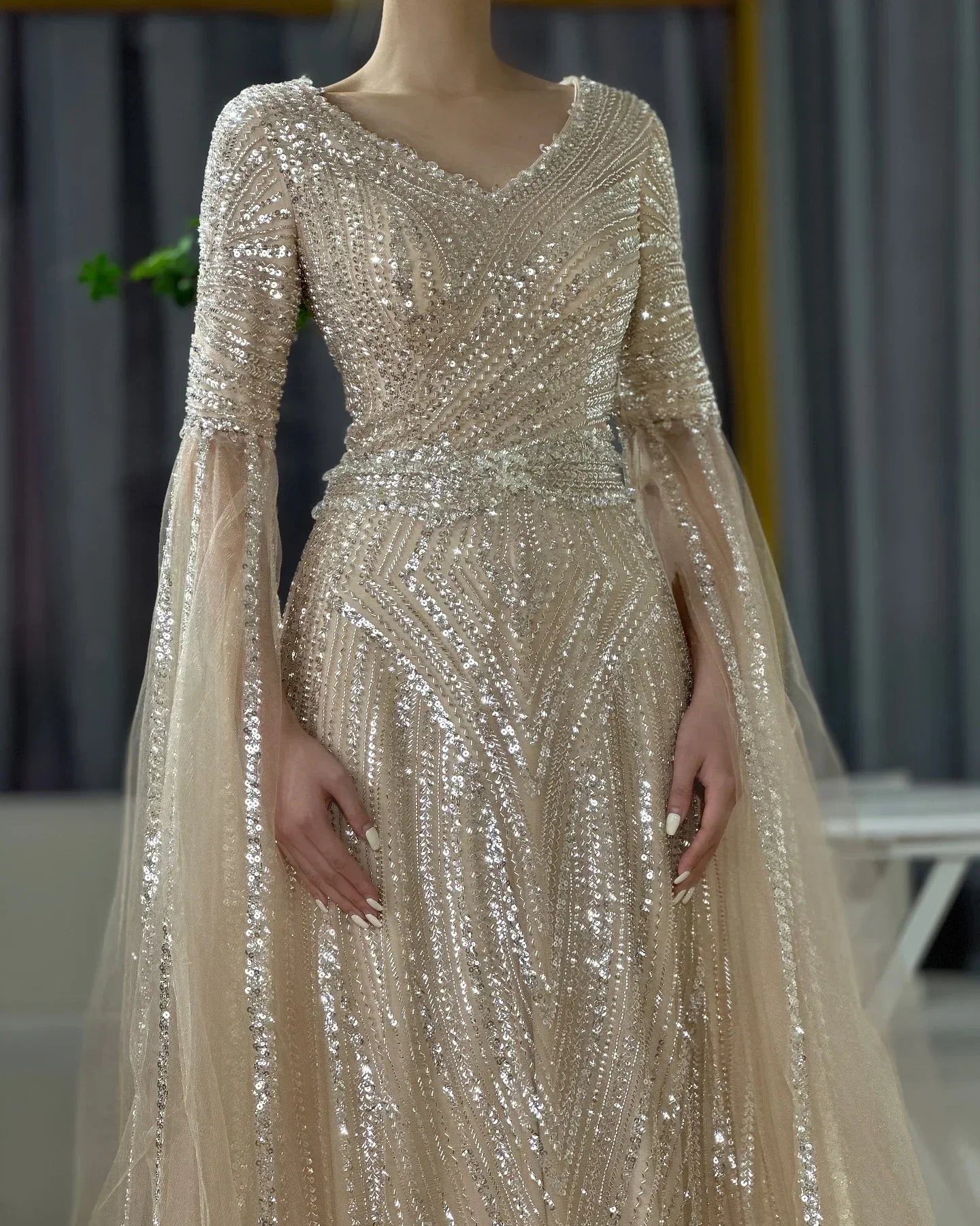 Luxury Dubai Caramel A-Line Beaded Evening Dress with Cape Sleeves