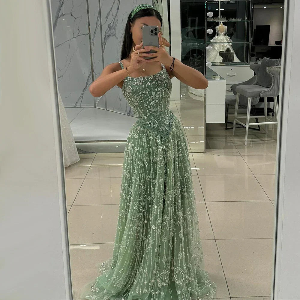 Luxury Sage Green Beaded A-Line Spaghetti Strap Evening Dress