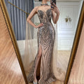 Luxury Dubai &nbsp;Black Nude Beaded Spaghetti Strap Evening Dress Gown with Long Cape for Formal Occasion&nbsp;&nbsp;