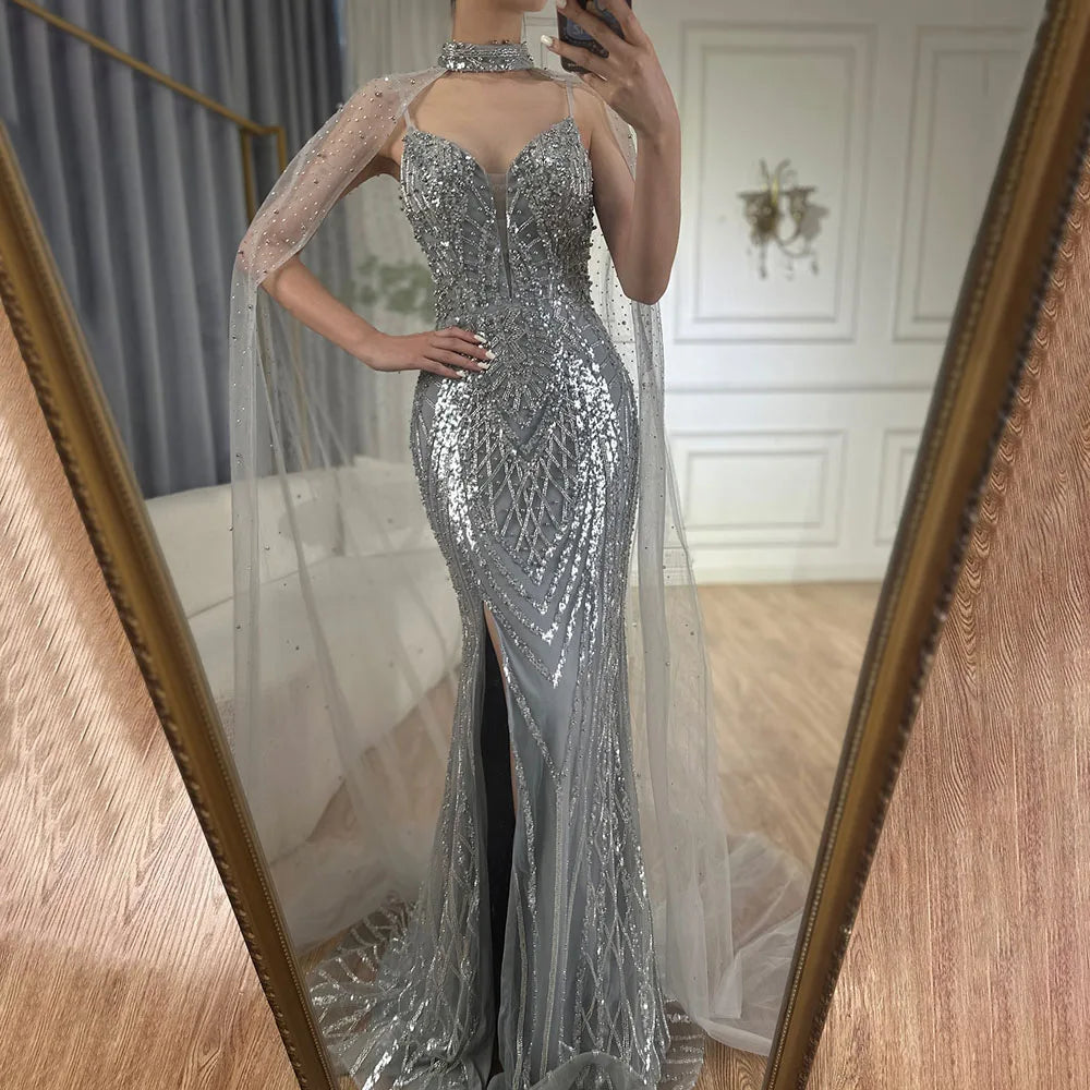Luxury Dubai &nbsp;Black Nude Beaded Spaghetti Strap Evening Dress Gown with Long Cape for Formal Occasion&nbsp;&nbsp;