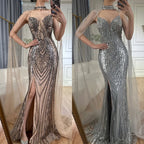 Luxury Dubai &nbsp;Black Nude Beaded Spaghetti Strap Evening Dress Gown with Long Cape for Formal Occasion&nbsp;&nbsp;