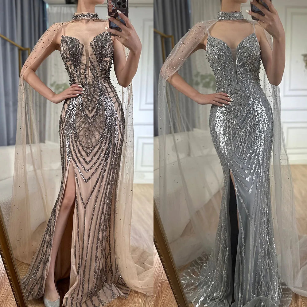 Luxury Dubai &nbsp;Black Nude Beaded Spaghetti Strap Evening Dress Gown with Long Cape for Formal Occasion&nbsp;&nbsp;