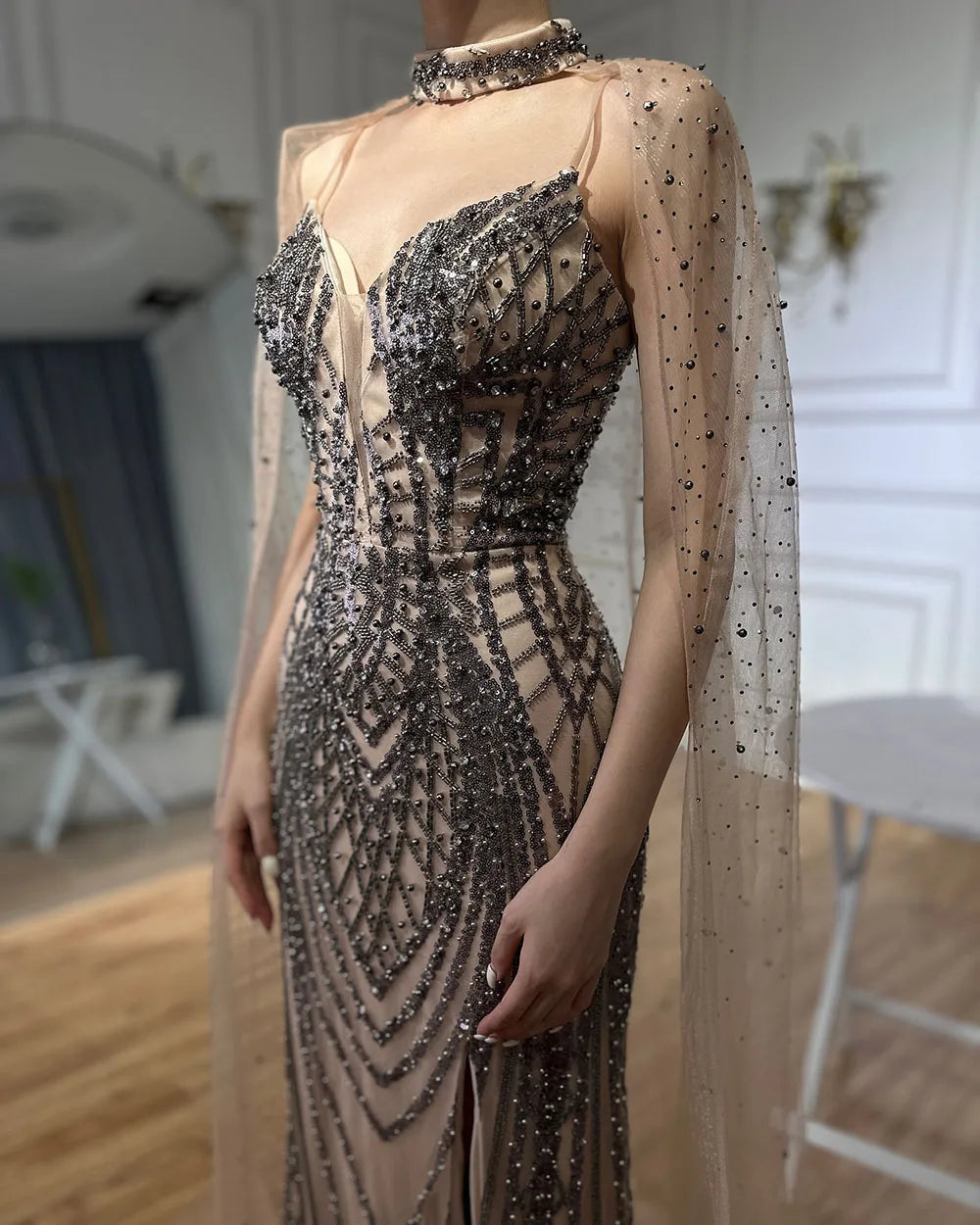 Luxury Dubai &nbsp;Black Nude Beaded Spaghetti Strap Evening Dress Gown with Long Cape for Formal Occasion&nbsp;&nbsp;