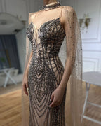 Luxury Dubai &nbsp;Black Nude Beaded Spaghetti Strap Evening Dress Gown with Long Cape for Formal Occasion&nbsp;&nbsp;