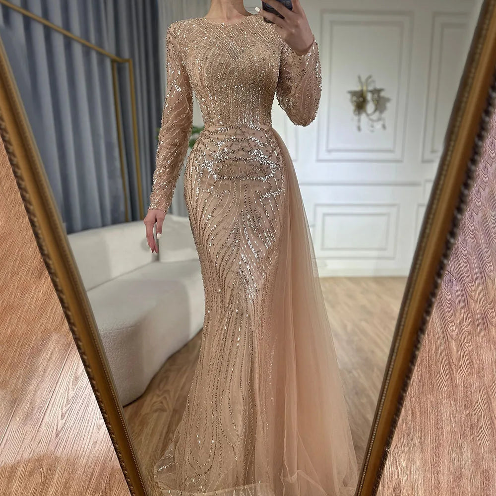 Luxury Dubai &nbsp;Caramel Beaded Mermaid Long Arabic Evening Dresses Gowns With Overskirt for Formal Occasion&nbsp;&nbsp;