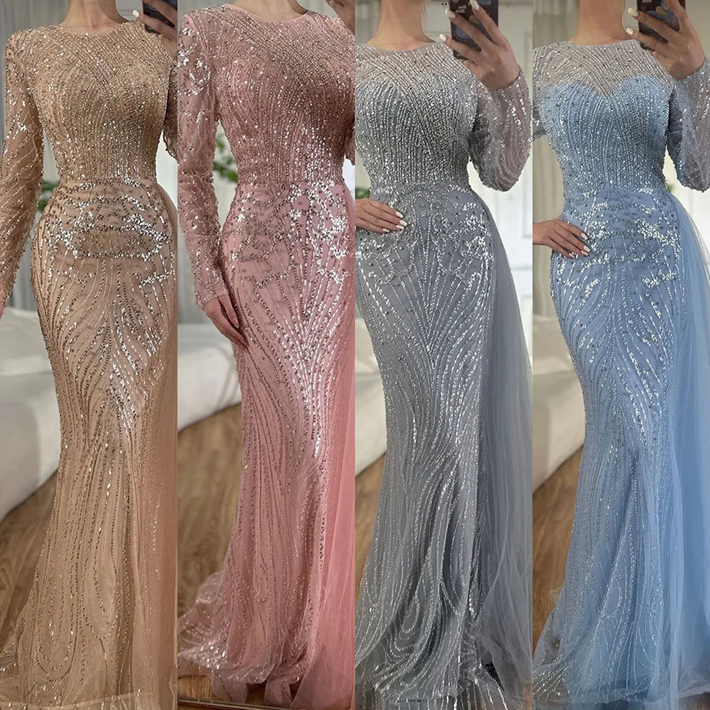 Luxury Dubai &nbsp;Caramel Beaded Mermaid Long Arabic Evening Dresses Gowns With Overskirt for Formal Occasion&nbsp;&nbsp;