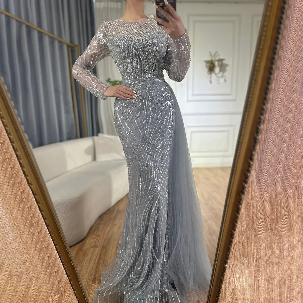 Luxury Dubai &nbsp;Caramel Beaded Mermaid Long Arabic Evening Dresses Gowns With Overskirt for Formal Occasion&nbsp;&nbsp;