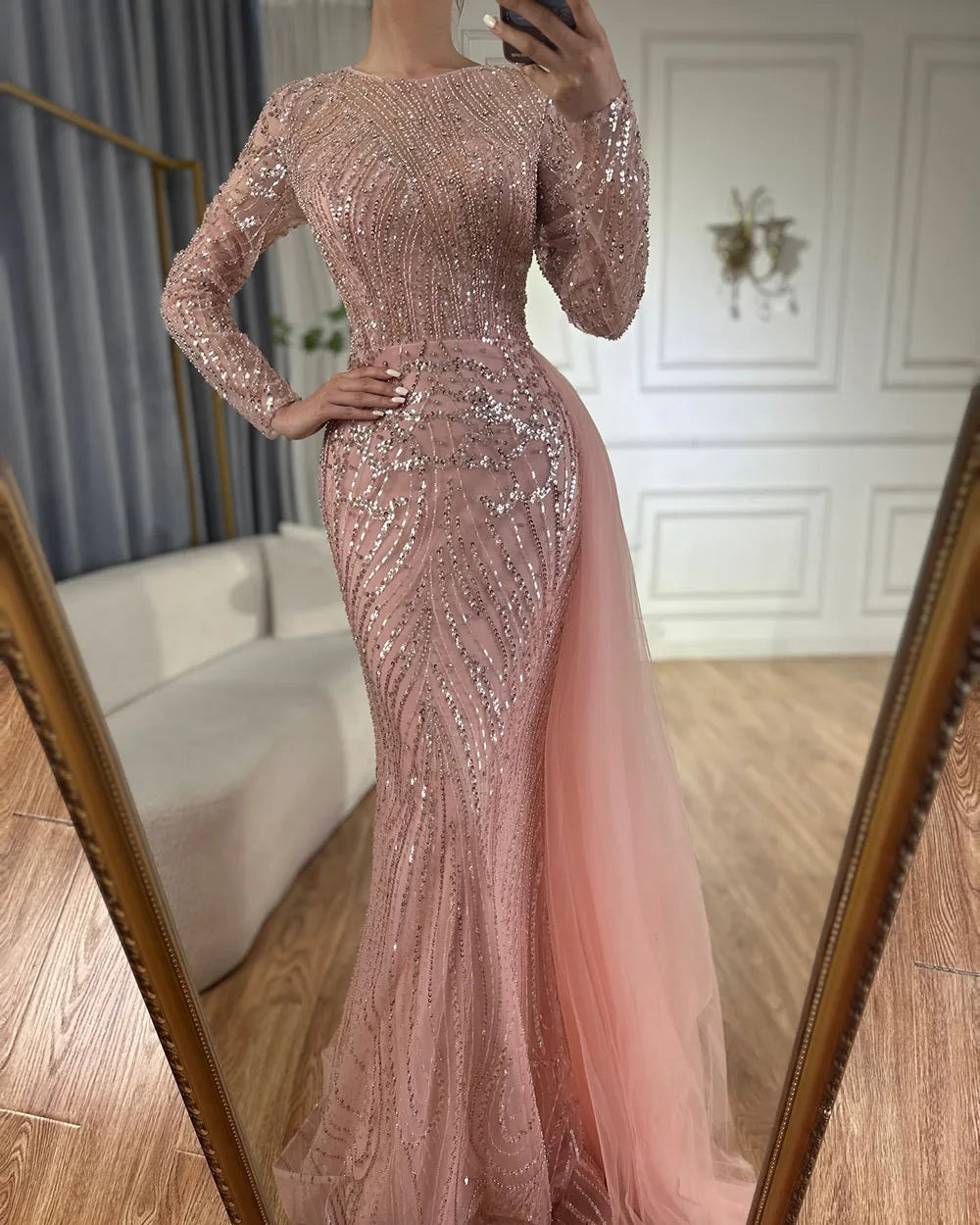 Luxury Dubai &nbsp;Caramel Beaded Mermaid Long Arabic Evening Dresses Gowns With Overskirt for Formal Occasion&nbsp;&nbsp;