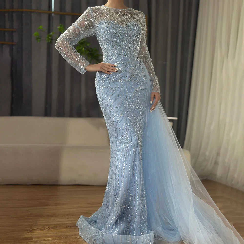 Luxury Dubai &nbsp;Caramel Beaded Mermaid Long Arabic Evening Dresses Gowns With Overskirt for Formal Occasion&nbsp;&nbsp;