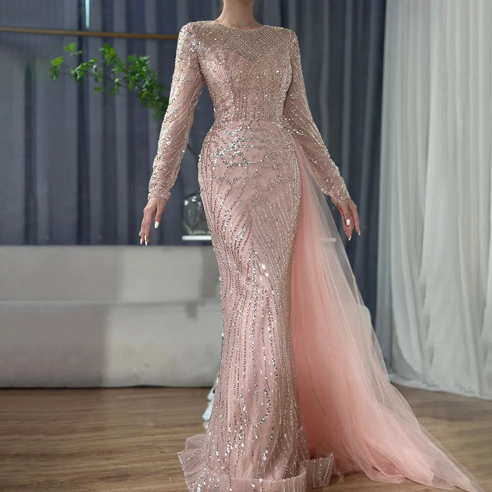 Luxury Dubai &nbsp;Caramel Beaded Mermaid Long Arabic Evening Dresses Gowns With Overskirt for Formal Occasion&nbsp;&nbsp;