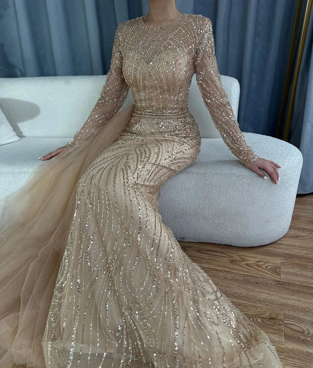 Luxury Dubai &nbsp;Caramel Beaded Mermaid Long Arabic Evening Dresses Gowns With Overskirt for Formal Occasion&nbsp;&nbsp;
