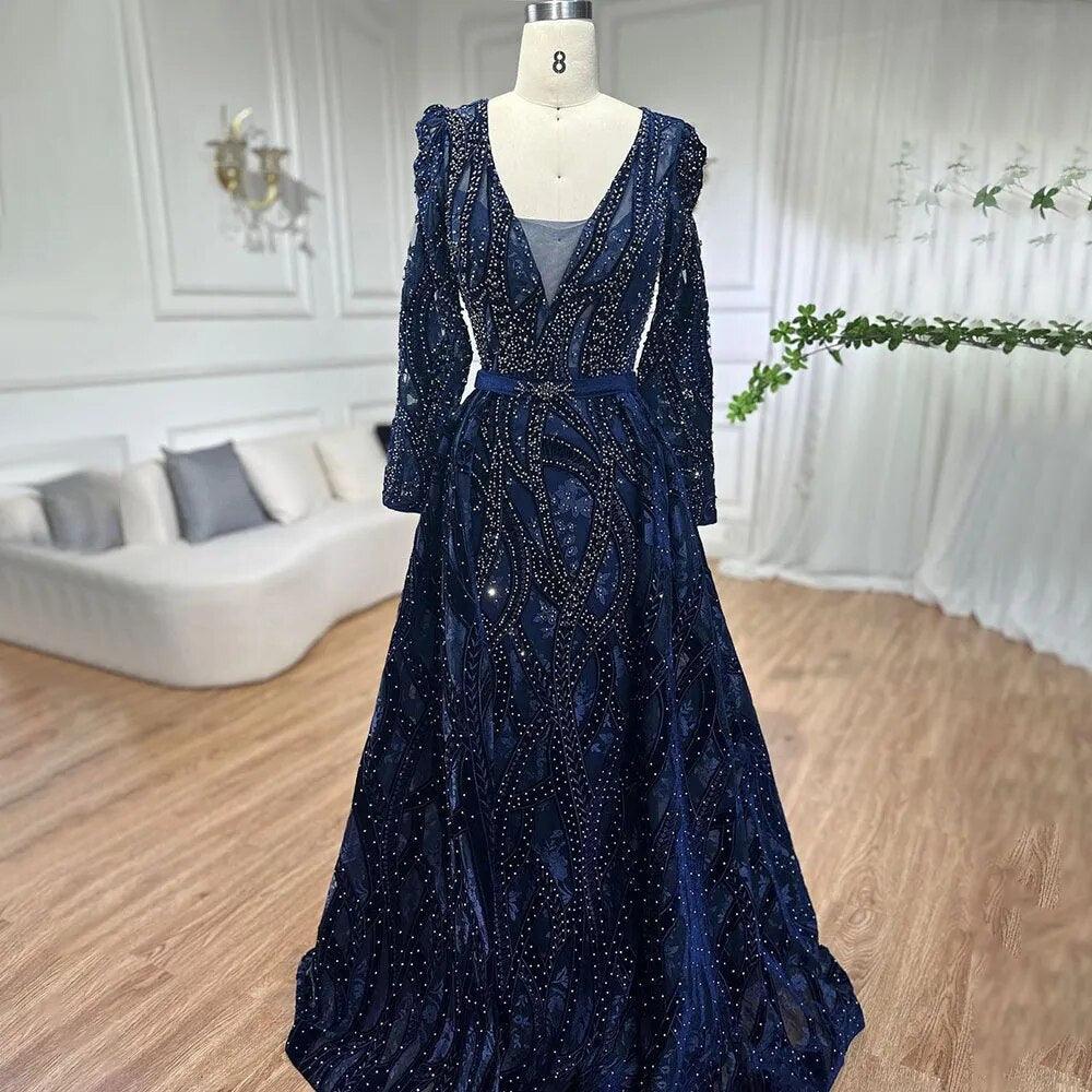 Serene Hill Dubai Blue Mermaid Deep-V Crystal Sexy Long Sleeves Luxury Party Dresses Formal Women Evening 2024 Plus Size LA70223