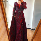 Serene Hill Dubai Blue Mermaid Deep-V Crystal Sexy Long Sleeves Luxury Party Dresses Formal Women Evening 2024 Plus Size LA70223