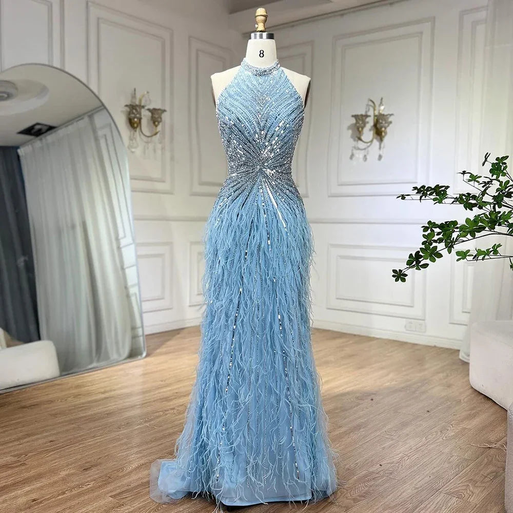 Feathers Mermaid Silver Gray Evening Dress Formal Party Gown LA70623A