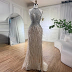 Feathers Mermaid Silver Gray Evening Dress Formal Party Gown LA70623A