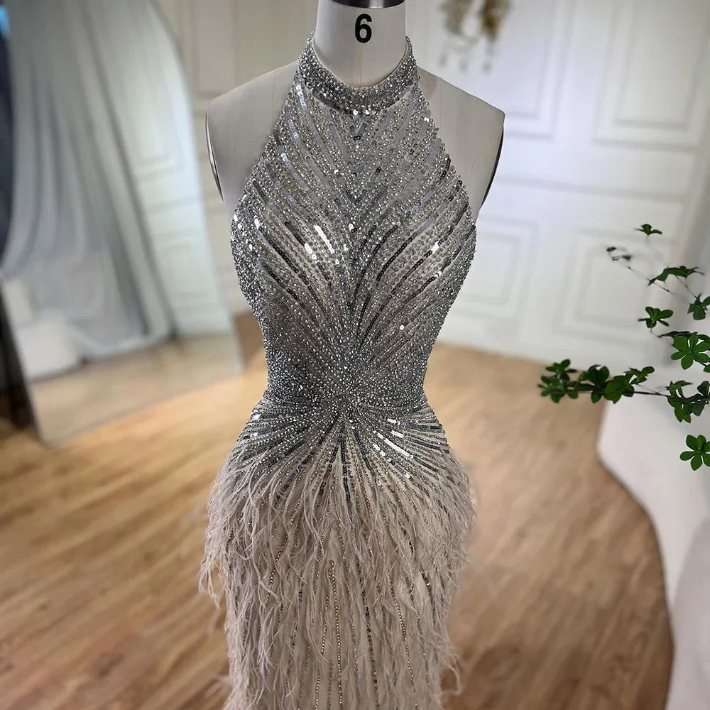 Feathers Mermaid Silver Gray Evening Dress Formal Party Gown LA70623A