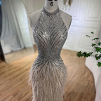 Feathers Mermaid Silver Gray Evening Dress Formal Party Gown LA70623A