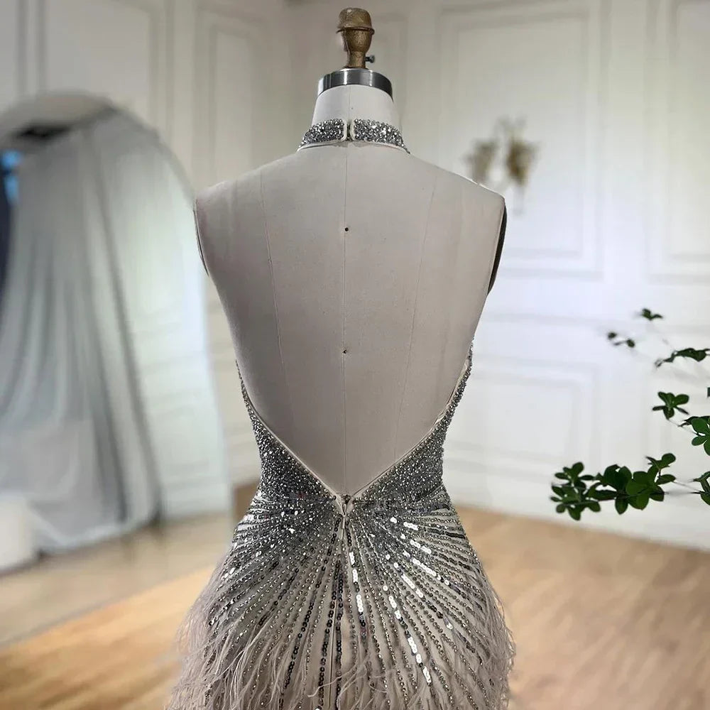 Feathers Mermaid Silver Gray Evening Dress Formal Party Gown LA70623A