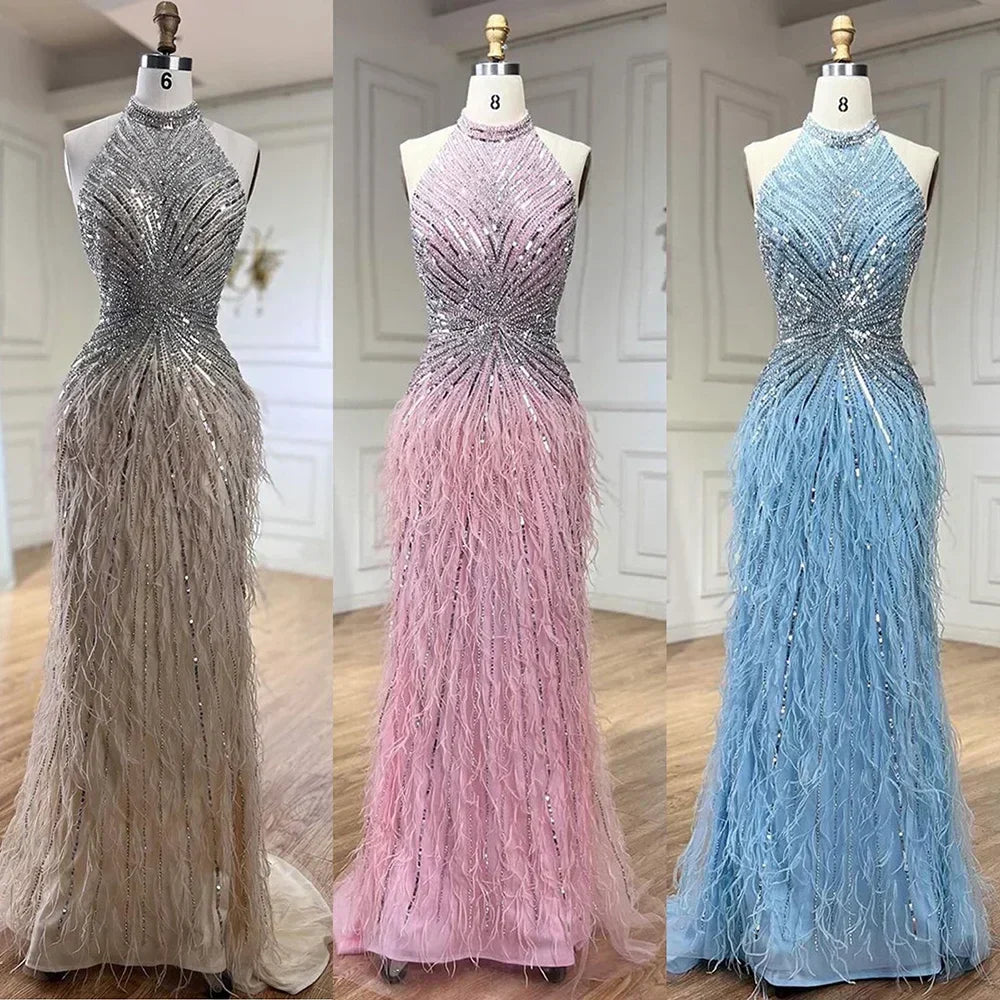 Feathers Mermaid Silver Gray Evening Dress Formal Party Gown LA70623A