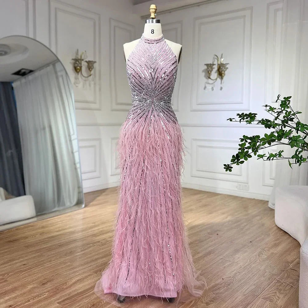 Feathers Mermaid Silver Gray Evening Dress Formal Party Gown LA70623A