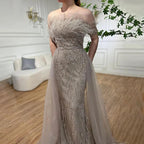 Serene Hill Dubai Luxury Beaded  Blue Mermaid Elegant Overskirt Evening Dresses Gowns For Women Wedding Party LA71634