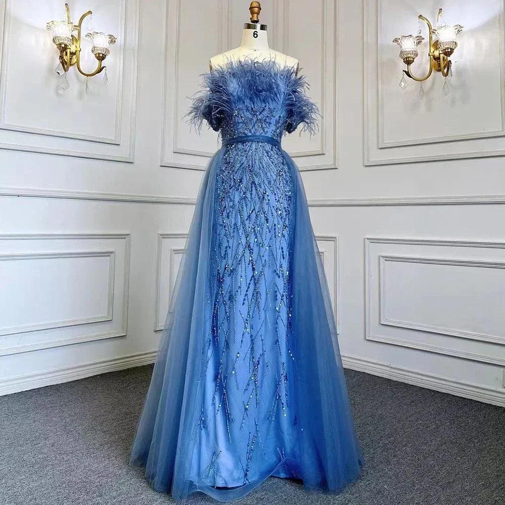 Serene Hill Dubai Luxury Beaded  Blue Mermaid Elegant Overskirt Evening Dresses Gowns For Women Wedding Party LA71634